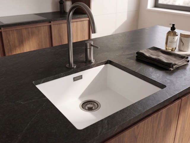 Pure.Sink Eternal Quartz Witte Spoelbak 40x40 cm Vlakinbouw en Onderbouw met Gun metal plug