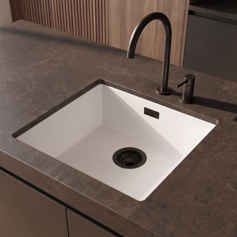 Pure.Sink Eternal Quartz Witte Spoelbak 40x40 cm Vlakinbouw en Onderbouw met Zwarte plug