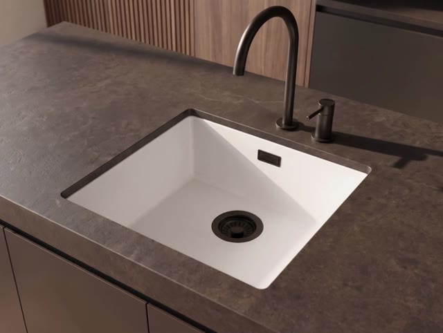 Pure.Sink Eternal Quartz Witte Spoelbak 40x40 cm Vlakinbouw en Onderbouw met Zwarte plug