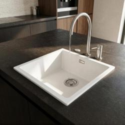 Pure.Sink Eternal Biała umywalka Quartz 40 x 40 cm do montażu wpuszczanego i podblatowego z automatycznym korkiem ze stali nierdzewnej