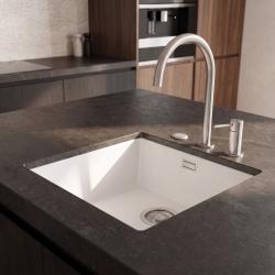 Pure.Sink Eternal Évier blanc en quartz 40 x 40 cm, à encastrer à fleur ou en sous-plan, avec bouchon automatique en acier inoxydable