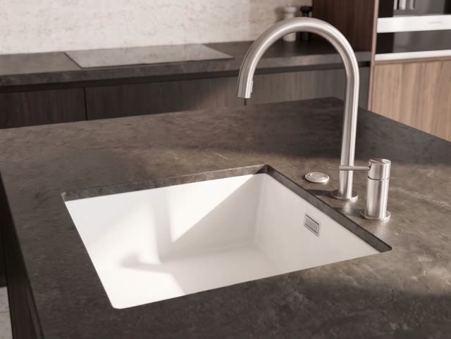 Pure.Sink Eternal Quartz Witte Spoelbak 40x40 cm Vlakinbouw en Onderbouw met Automatische RVS plug