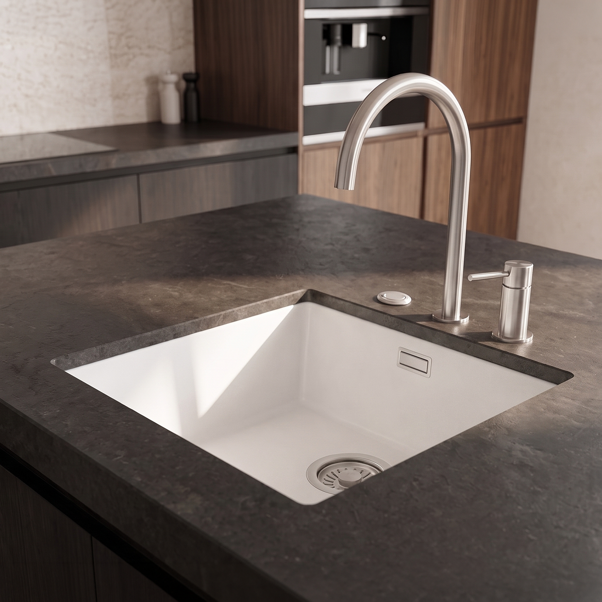 Pure.Sink Eternal Quartz White Sink 40x40 cm Flush Mount and Undermount with Automatic Stainless Steel Drain Plug