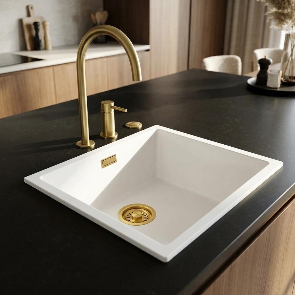 Pure.Sink Eternal Biała umywalka Quartz 40 x 40 cm do montażu wpuszczanego i podblatowego z automatycznym złotym korkiem