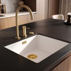 Pure.Sink Eternal Évier en quartz blanc 40 x 40 cm, à encastrer à fleur de plan de travail ou sous plan, avec bouchon automatique doré