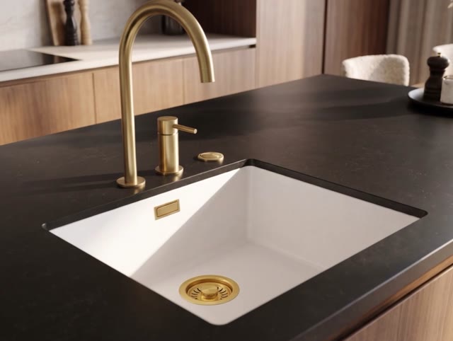 Pure.Sink Eternal Quartz Witte Spoelbak 40x40 cm Vlakinbouw en Onderbouw met Automatische Gouden plug