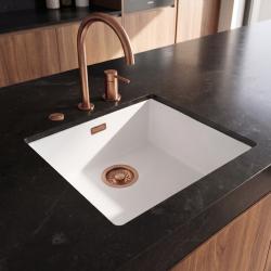 Pure.Sink Eternal Évier en quartz blanc 40 x 40 cm, à encastrer à fleur de plan de travail ou sous le plan de travail, avec bouchon automatique en cuivre