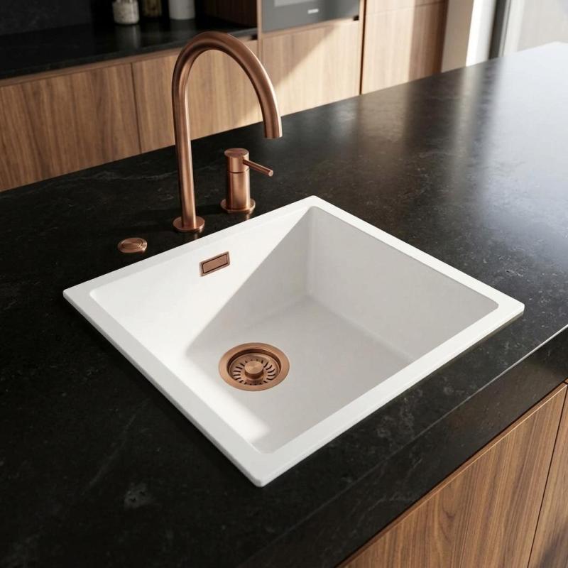 Pure.Sink Eternal Quartz Witte Spoelbak 40x40 cm Vlakinbouw en Onderbouw met Automatische Koperen plug