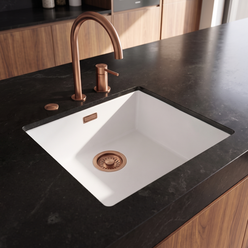 Pure.Sink Eternal Quartz Witte Spoelbak 40x40 cm Vlakinbouw en Onderbouw met Automatische Koperen plug