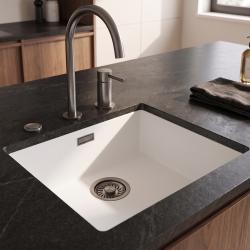 Pure.Sink Eternal Évier blanc en quartz 40 x 40 cm, à encastrer à fleur ou en sous-plan, avec bouchon automatique « » Gun metal 