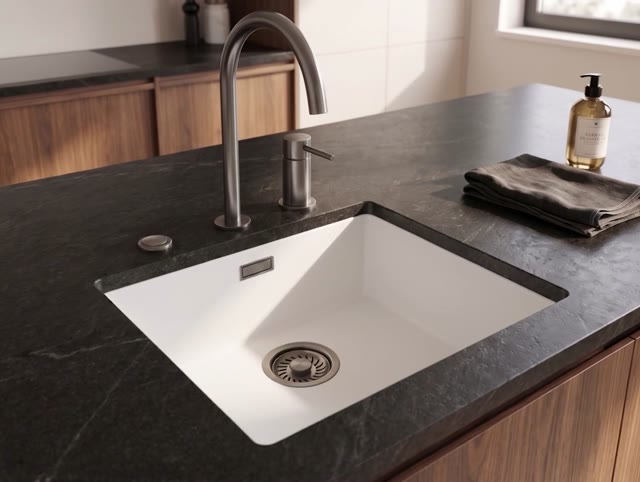 Pure.Sink Eternal Quartz Witte Spoelbak 40x40 cm Vlakinbouw en Onderbouw met Automatische Gun metal plug