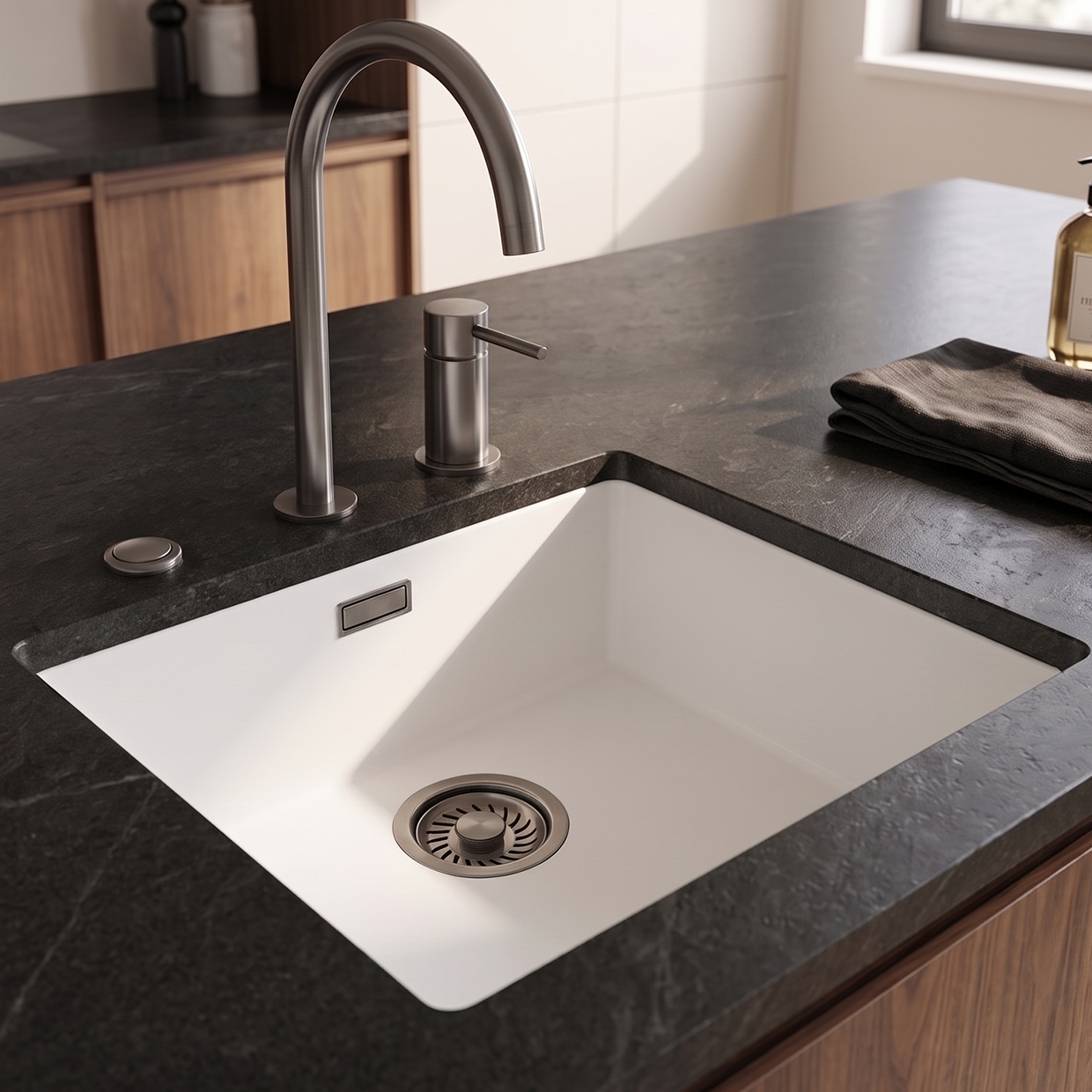 Pure.Sink Eternal Quartz White Sink 40x40 cm Flush Mount and Undermount with Automatic Gun Metal Plug
