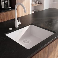 Pure.Sink Eternal Évier en quartz blanc 40 x 40 cm, à encastrer à fleur de plan de travail ou sous le plan de travail, avec bouchon blanc automatique