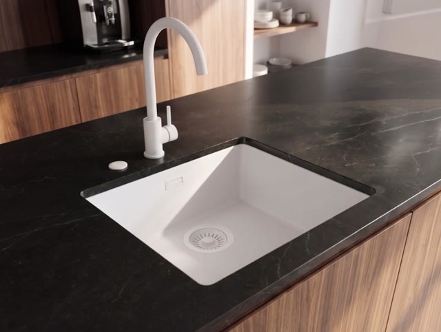 Pure.Sink Eternal Quartz Witte Spoelbak 40x40 cm Vlakinbouw en Onderbouw met Automatische Witte plug