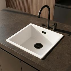 Pure.Sink Eternal Biała umywalka Quartz 40 x 40 cm do montażu wpuszczanego i podblatowego z automatycznym czarnym korkiem