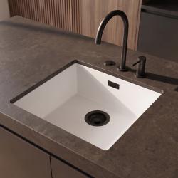 Pure.Sink Eternal Évier en quartz blanc 40 x 40 cm, à encastrer à fleur de plan de travail ou sous plan, avec bouchon noir automatique