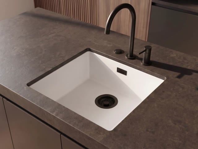 Pure.Sink Eternal Quartz Witte Spoelbak 40x40 cm Vlakinbouw en Onderbouw met Automatische Zwarte plug