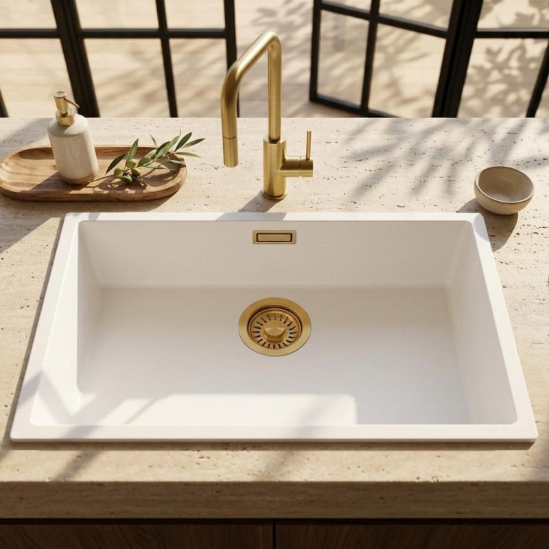 Pure.Sink Eternal Quartz Witte Spoelbak 70x40 cm Vlakinbouw en Onderbouw met Gouden plug