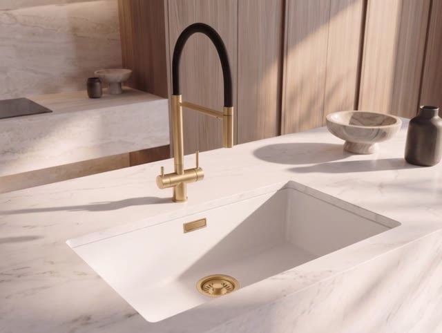 Pure.Sink Eternal Quartz Witte Spoelbak 70x40 cm Vlakinbouw en Onderbouw met Gouden plug