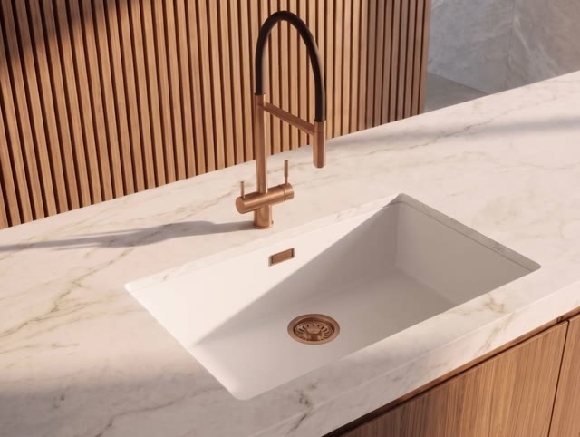 Pure.Sink Eternal Quartz Witte Spoelbak 70x40 cm Vlakinbouw en Onderbouw met Koperen plug
