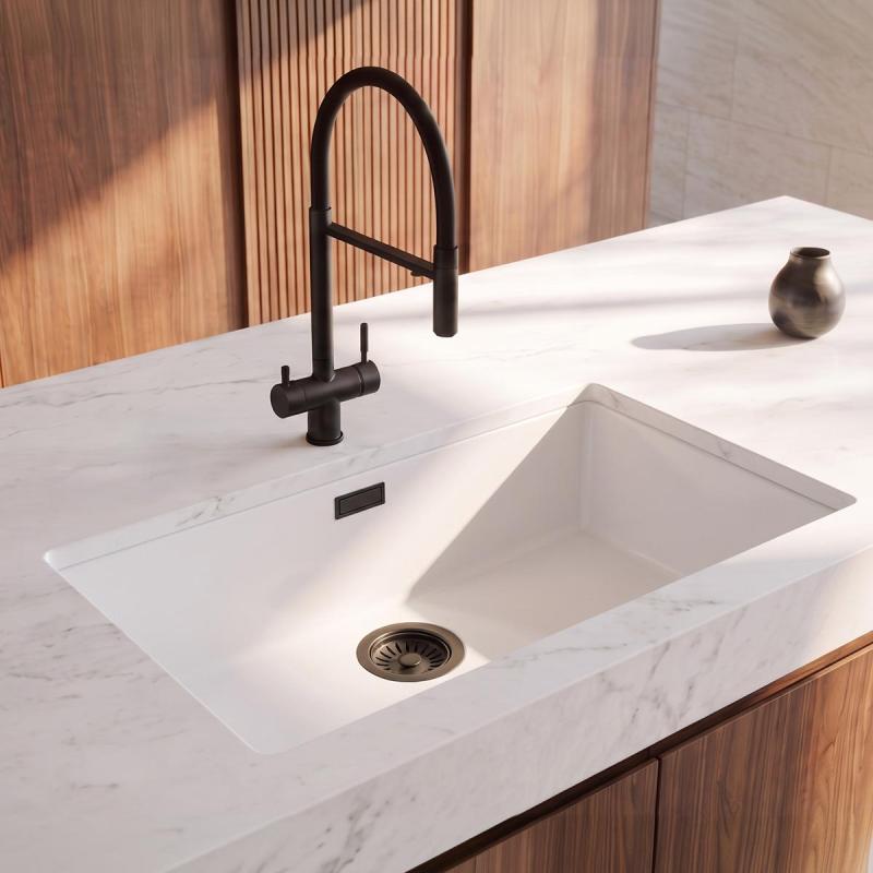 Pure.Sink Eternal Quartz Witte Spoelbak 70x40 cm Vlakinbouw en Onderbouw met Zwarte plug