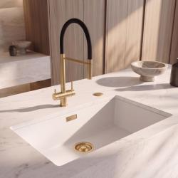 Pure.Sink Eternal Quartz Witte Spoelbak 70x40 cm Vlakinbouw en Onderbouw met Automatische Gouden plug