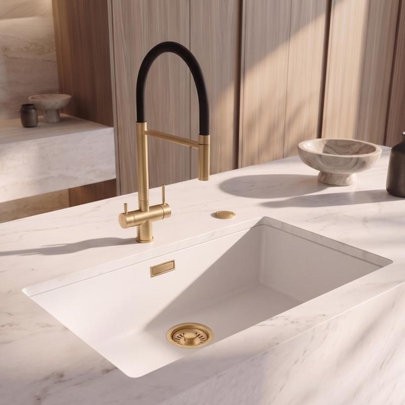 Pure.Sink Eternal Quartz Witte Spoelbak 70x40 cm Vlakinbouw en Onderbouw met Automatische Gouden plug