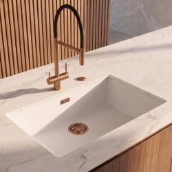 Pure.Sink Eternal Quartz Witte Spoelbak 70x40 cm Vlakinbouw en Onderbouw met Automatische Koperen plug