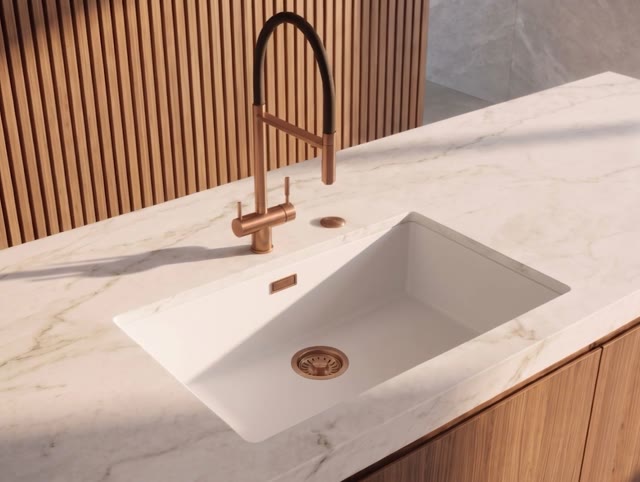 Pure.Sink Eternal Quartz Witte Spoelbak 70x40 cm Vlakinbouw en Onderbouw met Automatische Koperen plug
