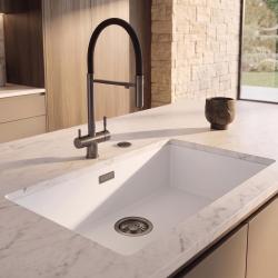 Pure.Sink Eternal Quartz Witte Spoelbak 70x40 cm Vlakinbouw en Onderbouw met Automatische Gun metal plug