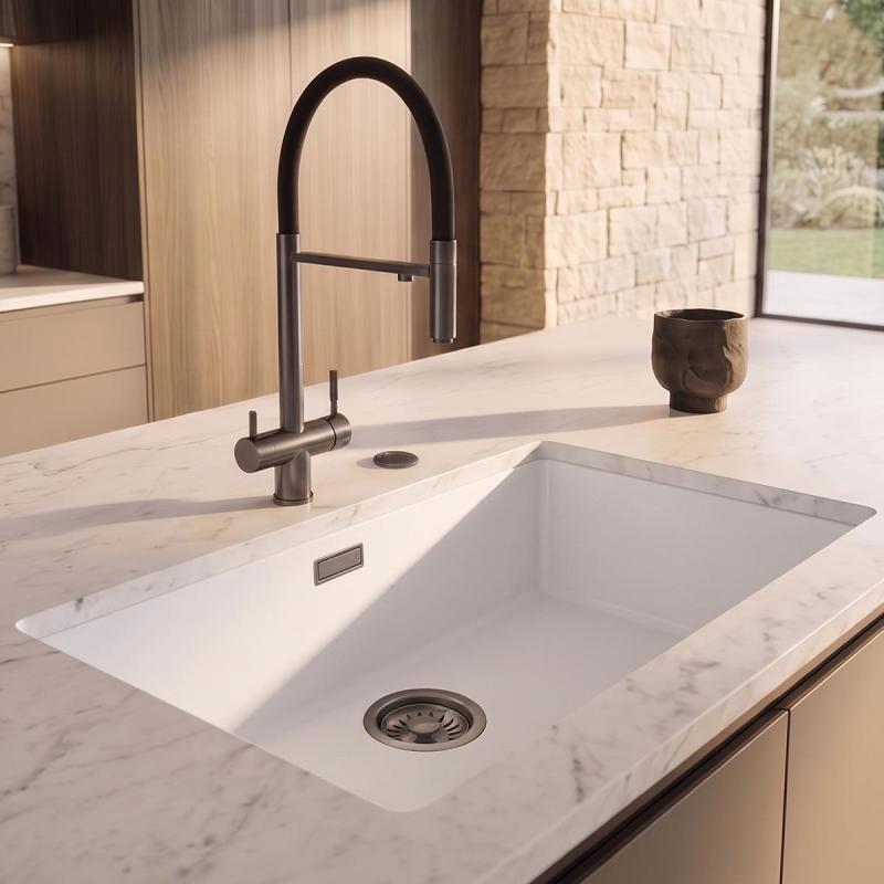 Pure.Sink Eternal Quartz Witte Spoelbak 70x40 cm Vlakinbouw en Onderbouw met Automatische Gun metal plug