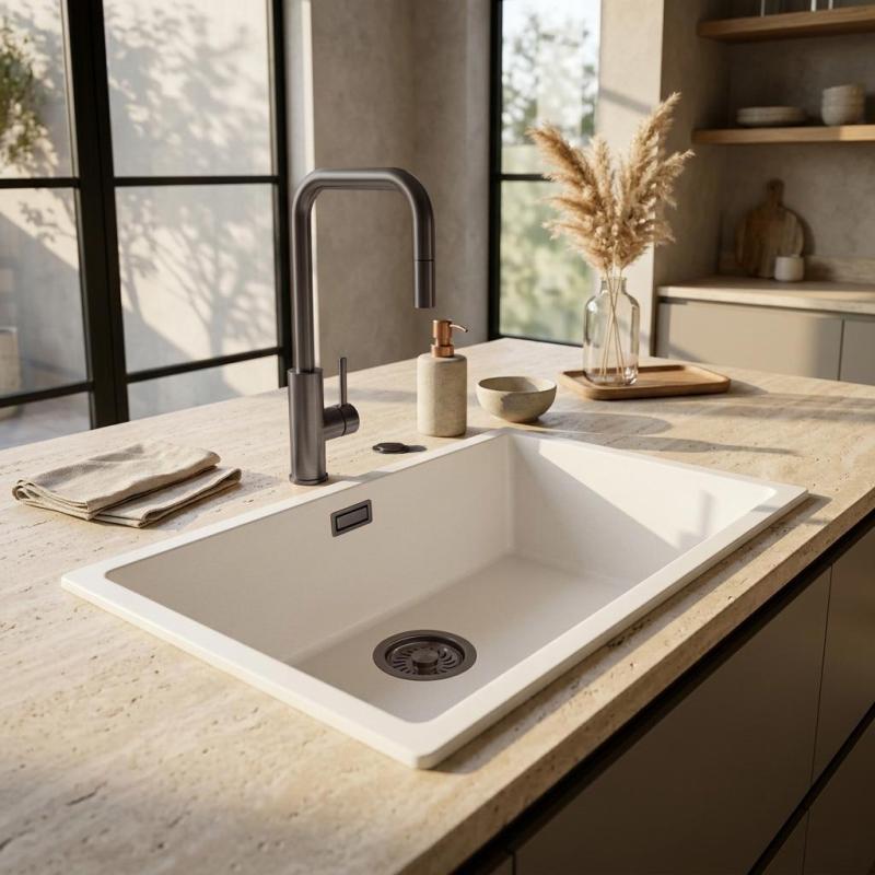 Pure.Sink Eternal Quartz Witte Spoelbak 70x40 cm Vlakinbouw en Onderbouw met Automatische Gun metal plug