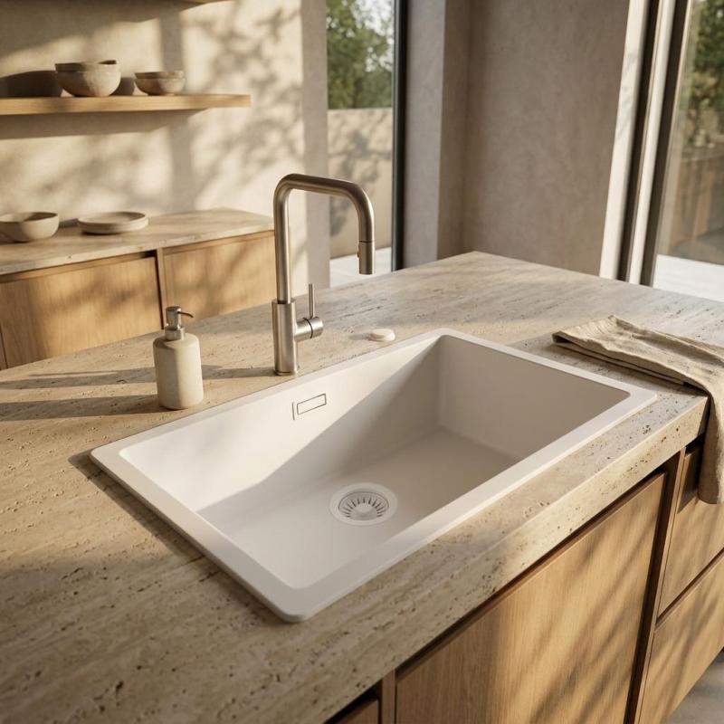 Pure.Sink Eternal Quartz Witte Spoelbak 70x40 cm Vlakinbouw en Onderbouw met Automatische Witte plug