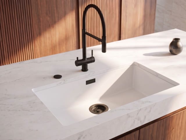 Pure.Sink Eternal Quartz Witte Spoelbak 70x40 cm Vlakinbouw en Onderbouw met Automatische Zwarte plug