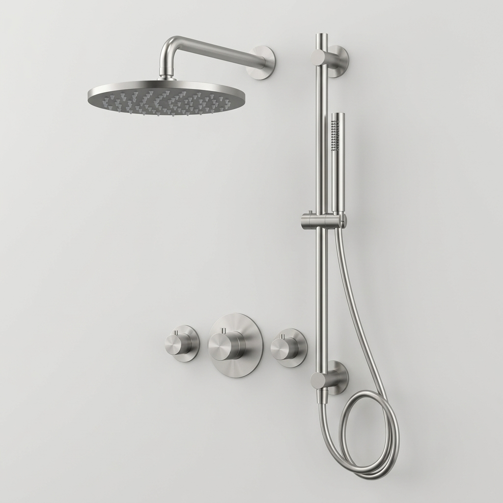 Aquanello Eterna Nerezová termostatická sprchová souprava pro zapuštěnou montáž se 2 uzavíracími ventily dešťovou sprchou 20 cm a sprchovou tyčí s ruční sprchou ET-S-SET1-7-02