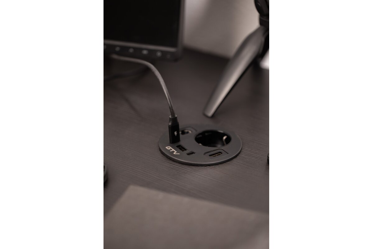 Furniture socket RONDO, 1xSHUKO, 1xUSB-A, 2xUSB-C, HDMI, RJ45 cable 1.5 m, black