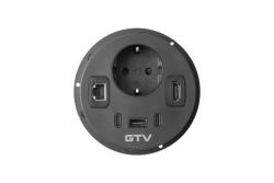 Furniture socket RONDO, 1xSHUKO, 1xUSB-A, 2xUSB-C, HDMI, RJ45 cable 1.5 m, black