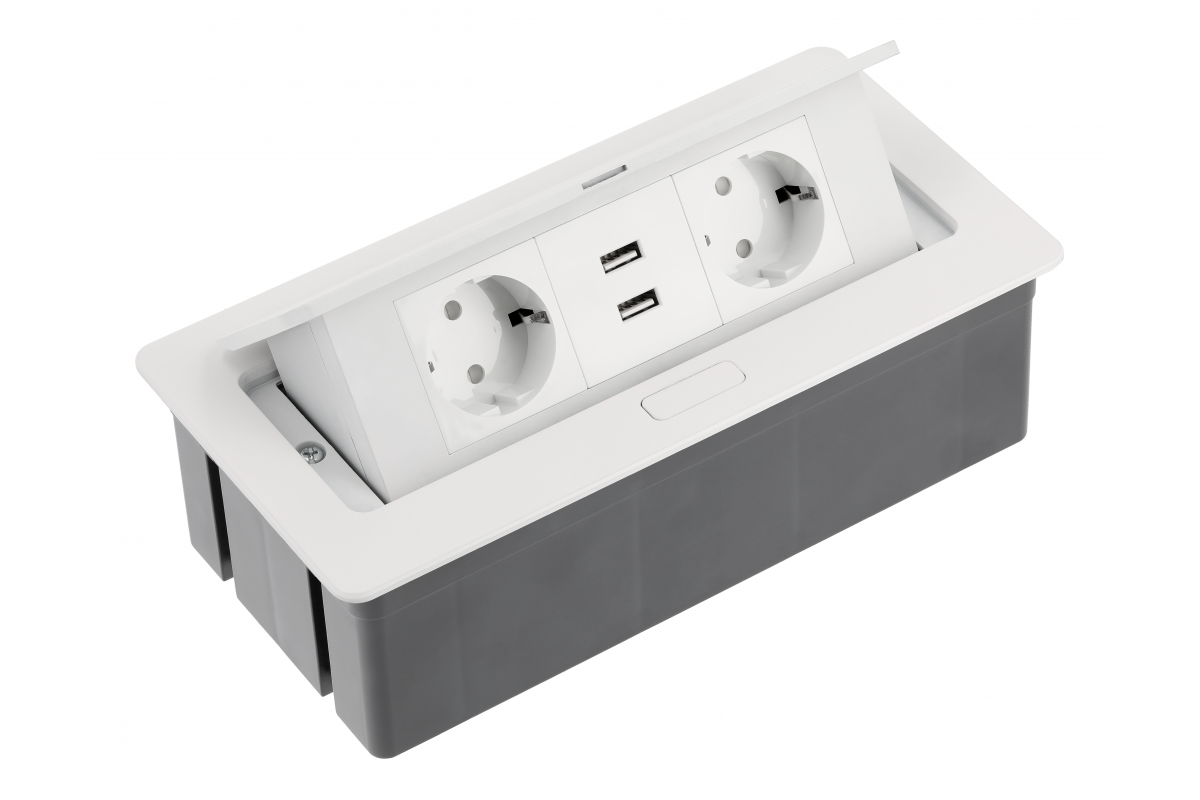 Furniture socket SOFT, 2xSHUKO, 2xUSB-A 2.1A, cable 1.5 m, white