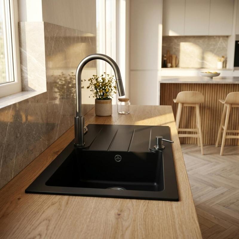Zwarte Spoelbak omkeerbaar met afdruip Opbouw 76x43 cm