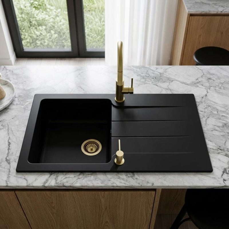 Zwarte Spoelbak omkeerbaar met afdruip Opbouw 76x43 cm
