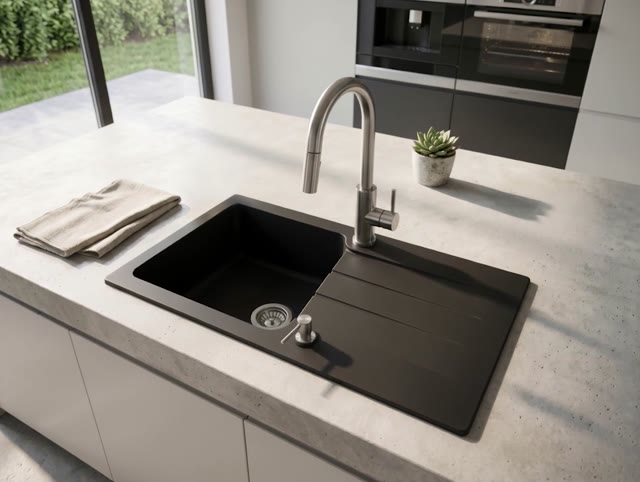 Zwarte Spoelbak omkeerbaar met afdruip Opbouw 76x43 cm