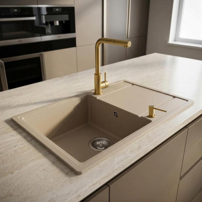 Coffee cream Combinatieset Spoelbak 62x44 met Keukenkraan PEG6244-33