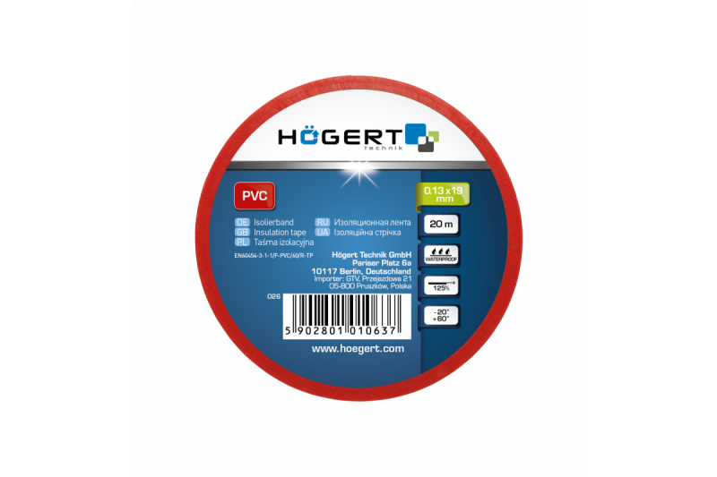 Hoegert Isolatietape 0,13 mm x 19 mm x 20 m rood 1208959568 - Set van 12