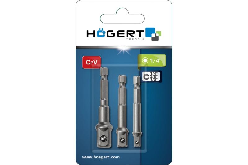 Hoegert Socket bit adapters 1/4" 3/8" 1/2" vertaalt naar het Nederlands als: Verloopstukken voor dopsleutelbits 1/4" 3/8" 1/2". 1208959913 - Set van 4