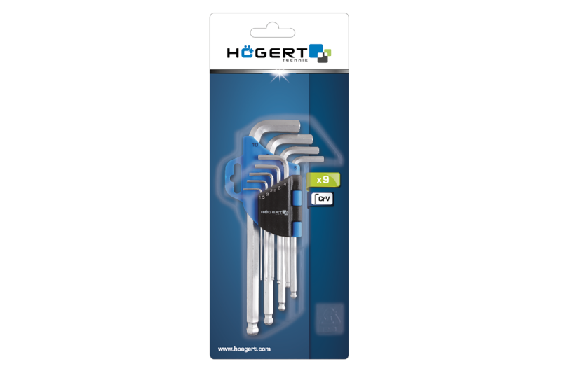 Hoegert 9-delige set zeskantige inbussleutels met kogelkop, gemaakt van CrV-staal. 1208960097 - Set van 2
