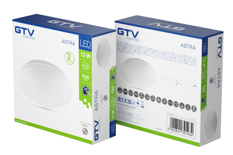 Plafondlamp ASTRA LED, Ø255 mm, 4000 K, 12 W, 960 lm, AC 220-240 V, 50/60 Hz, PF > 0,5, IP54, 3 jaar 1208962633 - Set van 2