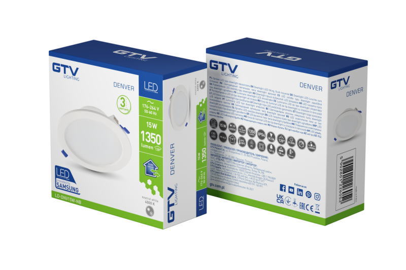 DENVER LED-inbouwspot, IP54, 15 W, 1350 lm, AC 176–264 V, 50/60 Hz, 120°, 4000 K, inbouw, wit 1208962726 - Set van 2