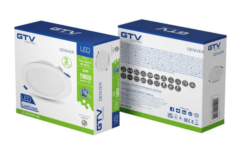 DENVER LED-inbouwspot, IP54, 20 W, 1800 lm, AC 176–264 V, 50/60 Hz, 120°, 4000 K, inbouw, wit 1208962727 - Set van 2