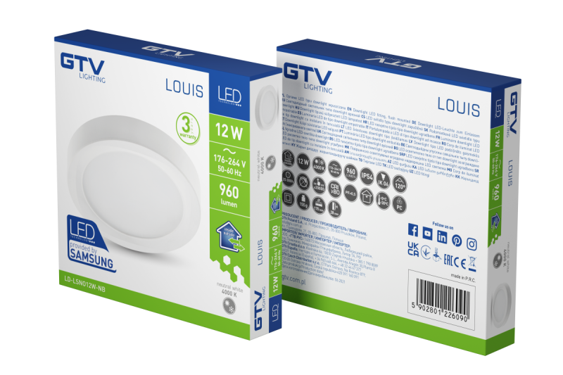 LOUIS LED-inbouwspot, IP54, 12 W, 960 lm, AC 176–264 V, 50/60 Hz, 120°, 4000 K, opbouwmontage, rond 1208962923 - Set van 2