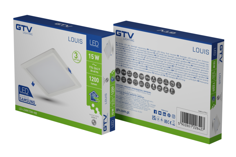 LOUIS LED-inbouwspot, IP54, 15 W, 1200 lm, AC 176–264 V, 50/60 Hz, 120°, 4000 K, inbouw, vierkant 1208962927 - Set van 2